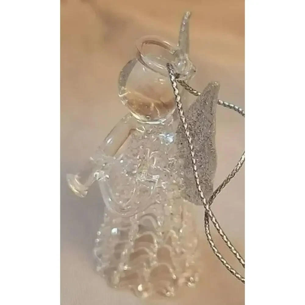 Vintage Glass Christmas Angel with Trumpet and Silver Glitter Wings